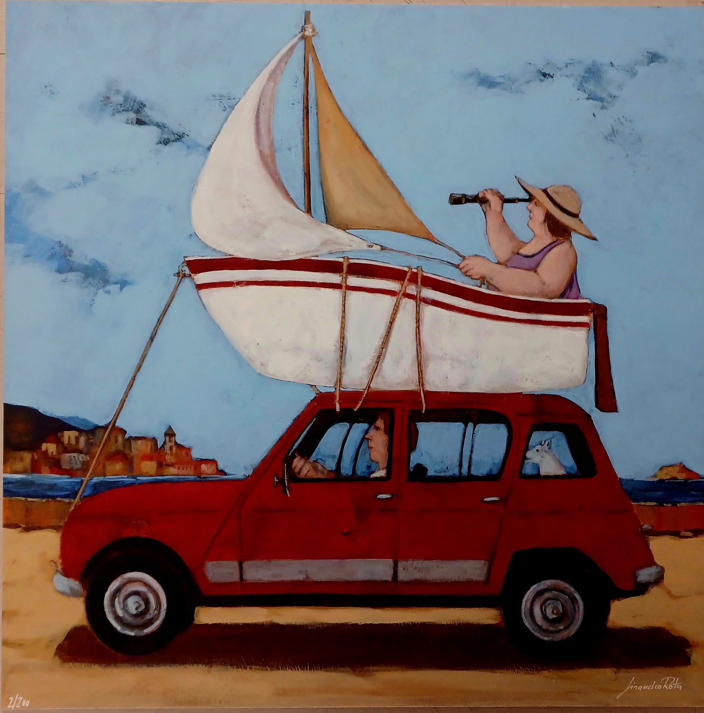 LISANDRO ROTA - Renault 4 ibrida con navigatore - Glicèe ritoccata a mano - 50X50 cm