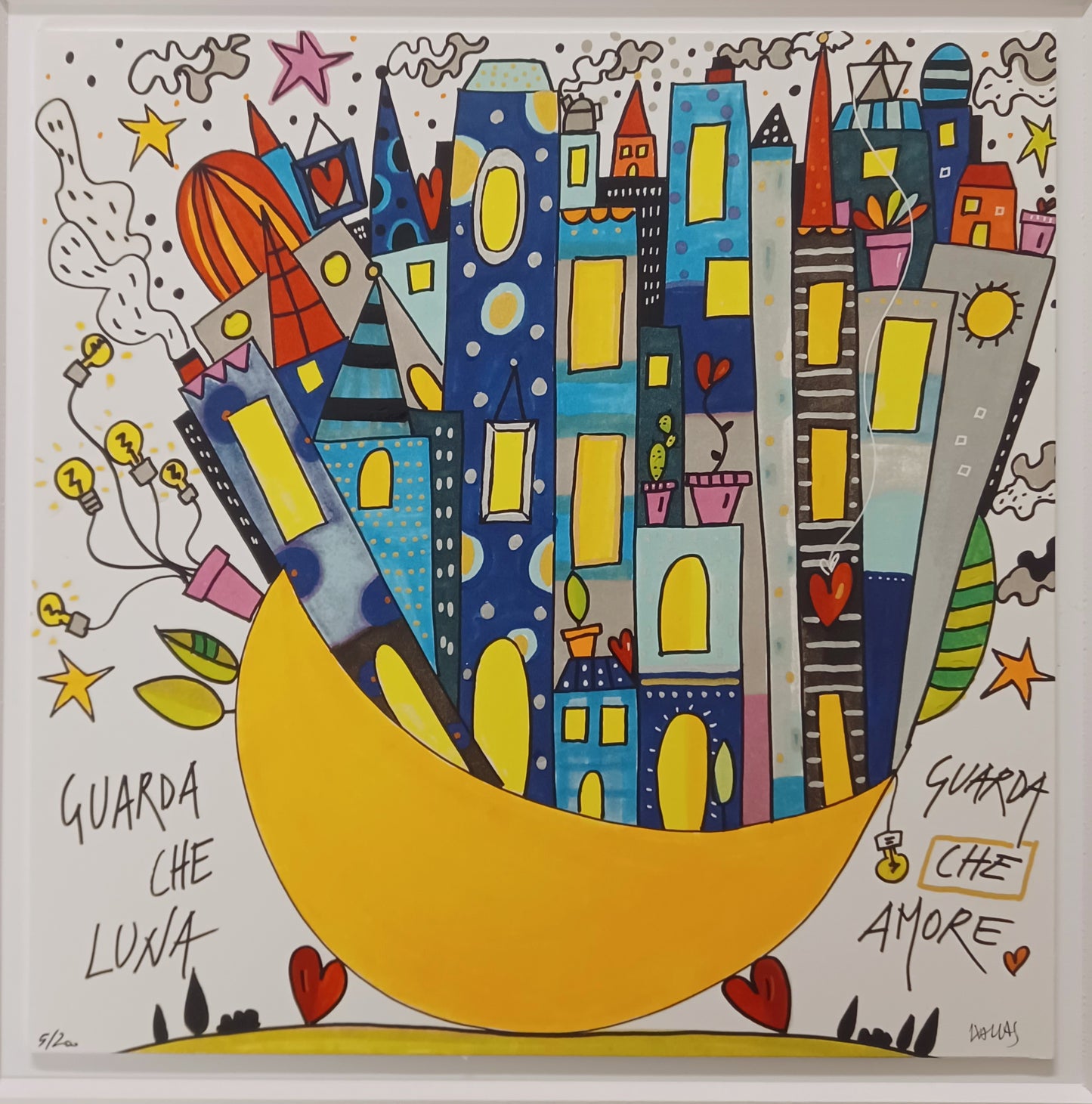 WALLAS - Guarda che luna, guarda che amore - Glicèe ritoccata a mano su cartoncino - 30X30 cm con passepartout