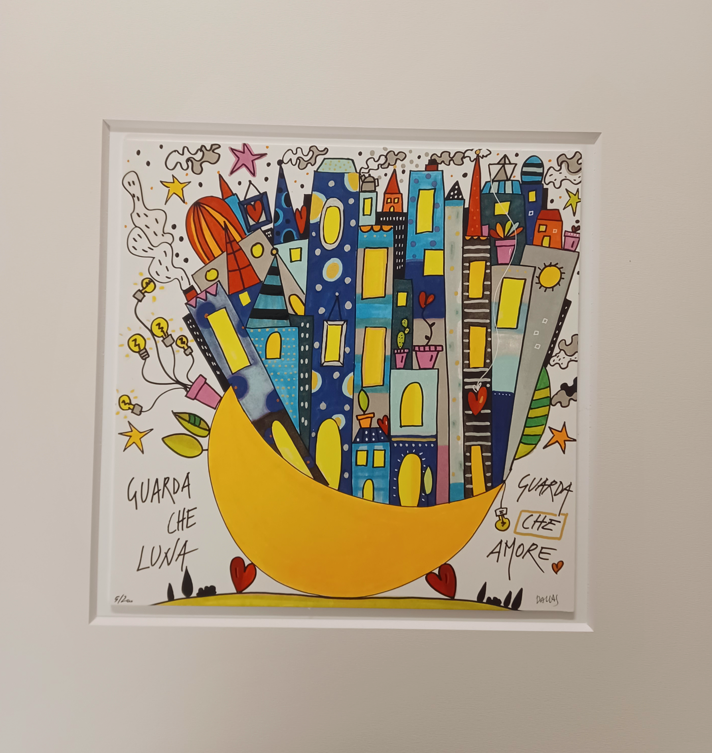 WALLAS - Guarda che luna, guarda che amore - Glicèe ritoccata a mano su cartoncino - 30X30 cm con passepartout