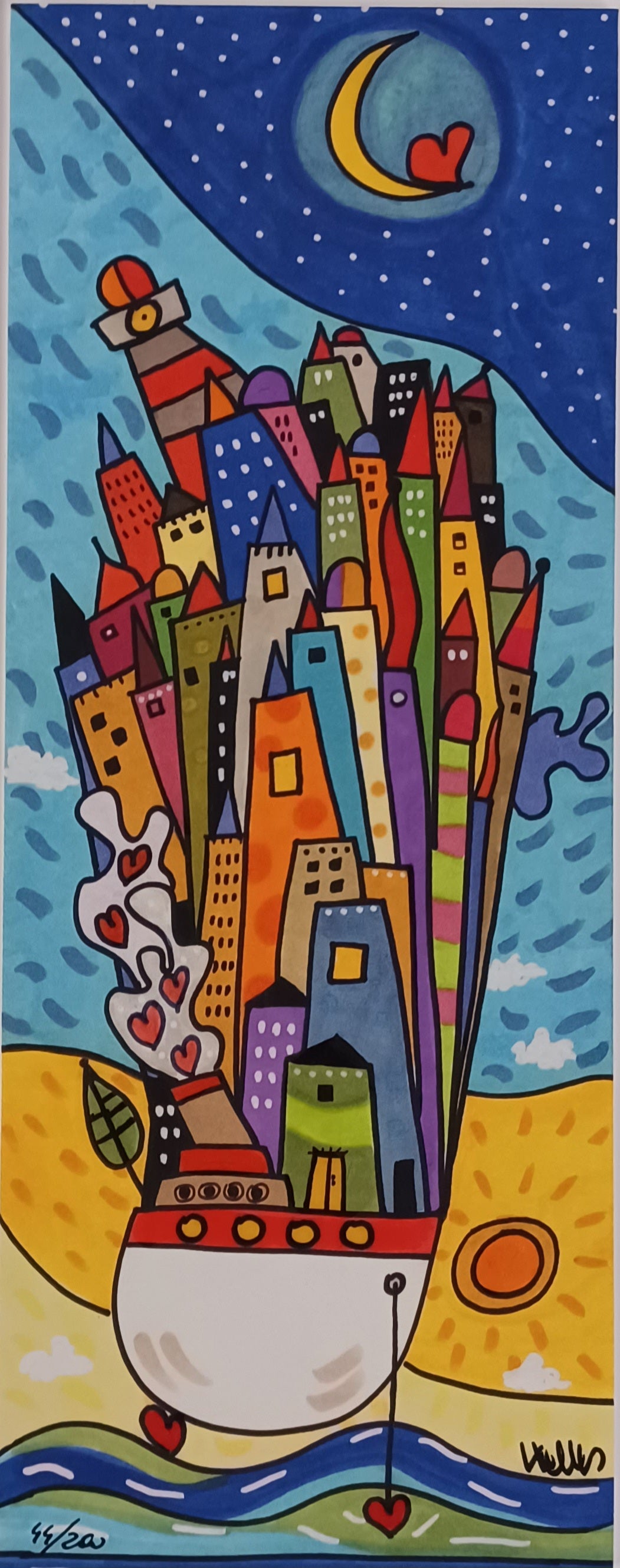 WALLAS - Salpiamo tutti - Glicèe ritoccata a mano su cartoncino - 10X25 cm con passepartout