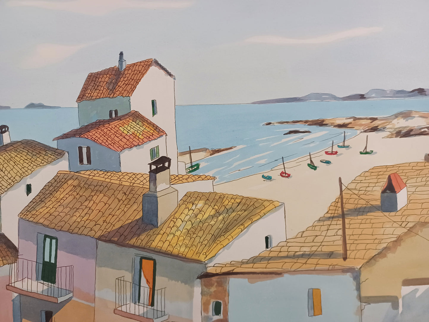 ALDO RISO - Serigrafia acquerellata a mano - Tetti sul mare - 60X80 cm