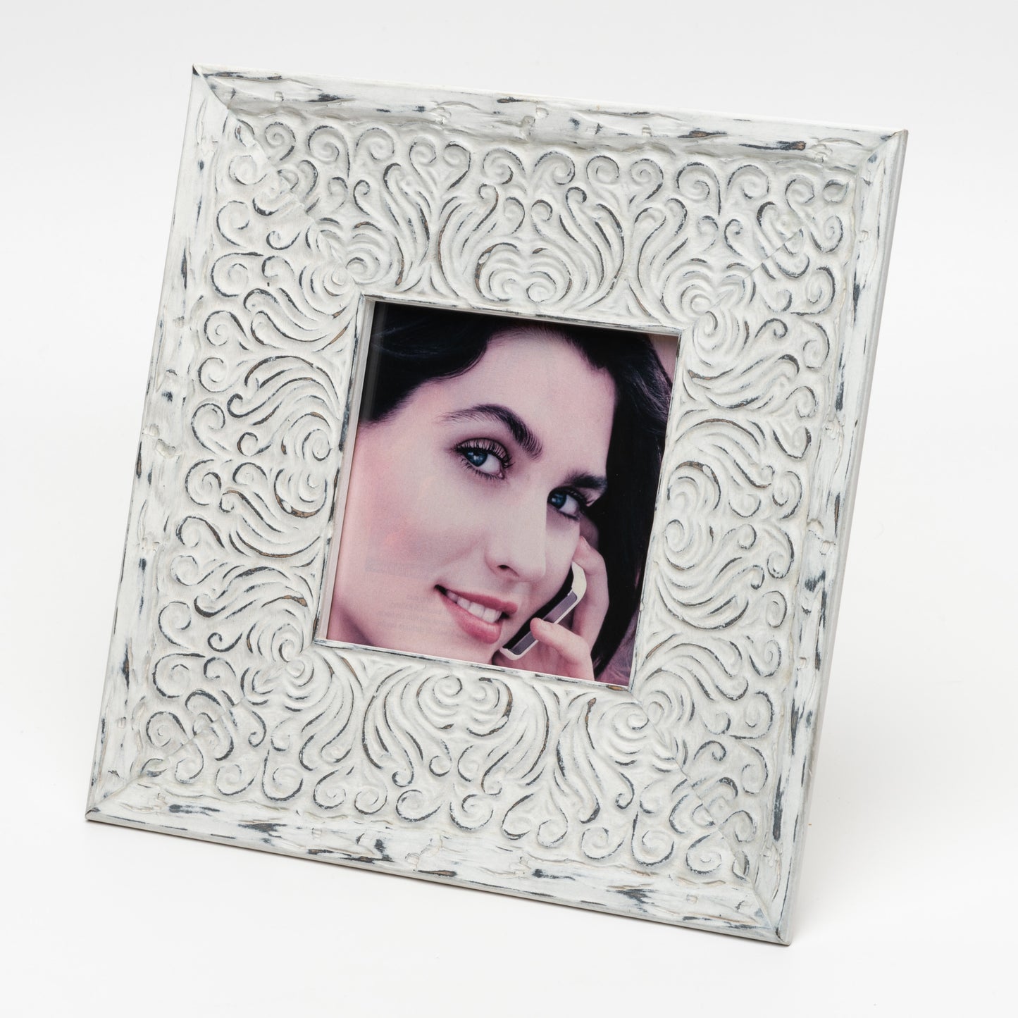 Portafoto bianco shabby in legno per foto 13X13 cm quadrato contemporaneo ricamo elegante