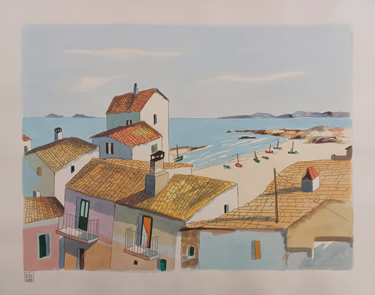 ALDO RISO - Serigrafia acquerellata a mano - Tetti sul mare - 60X80 cm