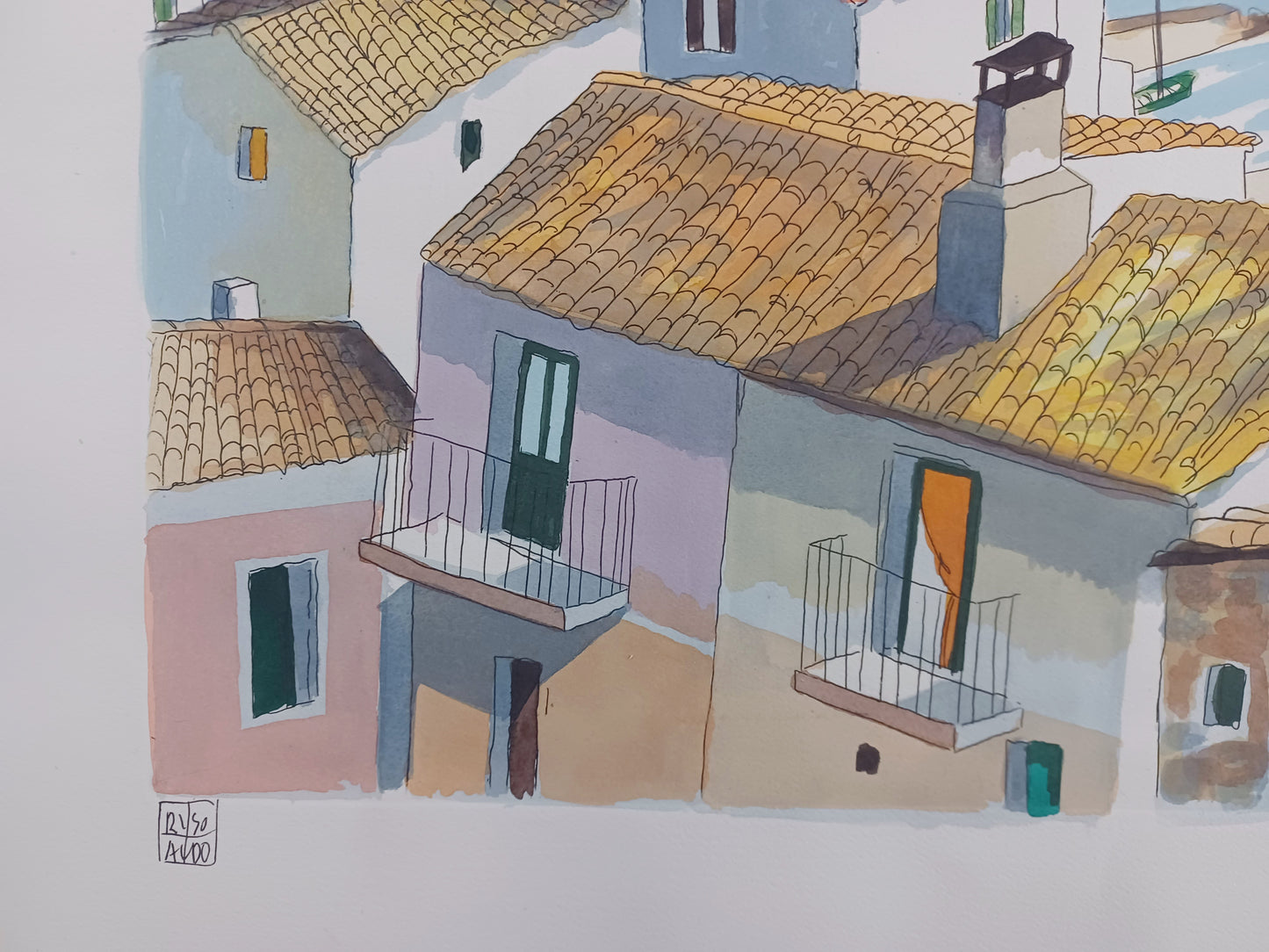 ALDO RISO - Serigrafia acquerellata a mano - Tetti sul mare - 60X80 cm