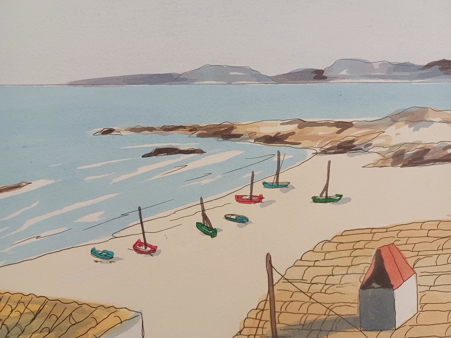 ALDO RISO - Serigrafia acquerellata a mano - Tetti sul mare - 60X80 cm