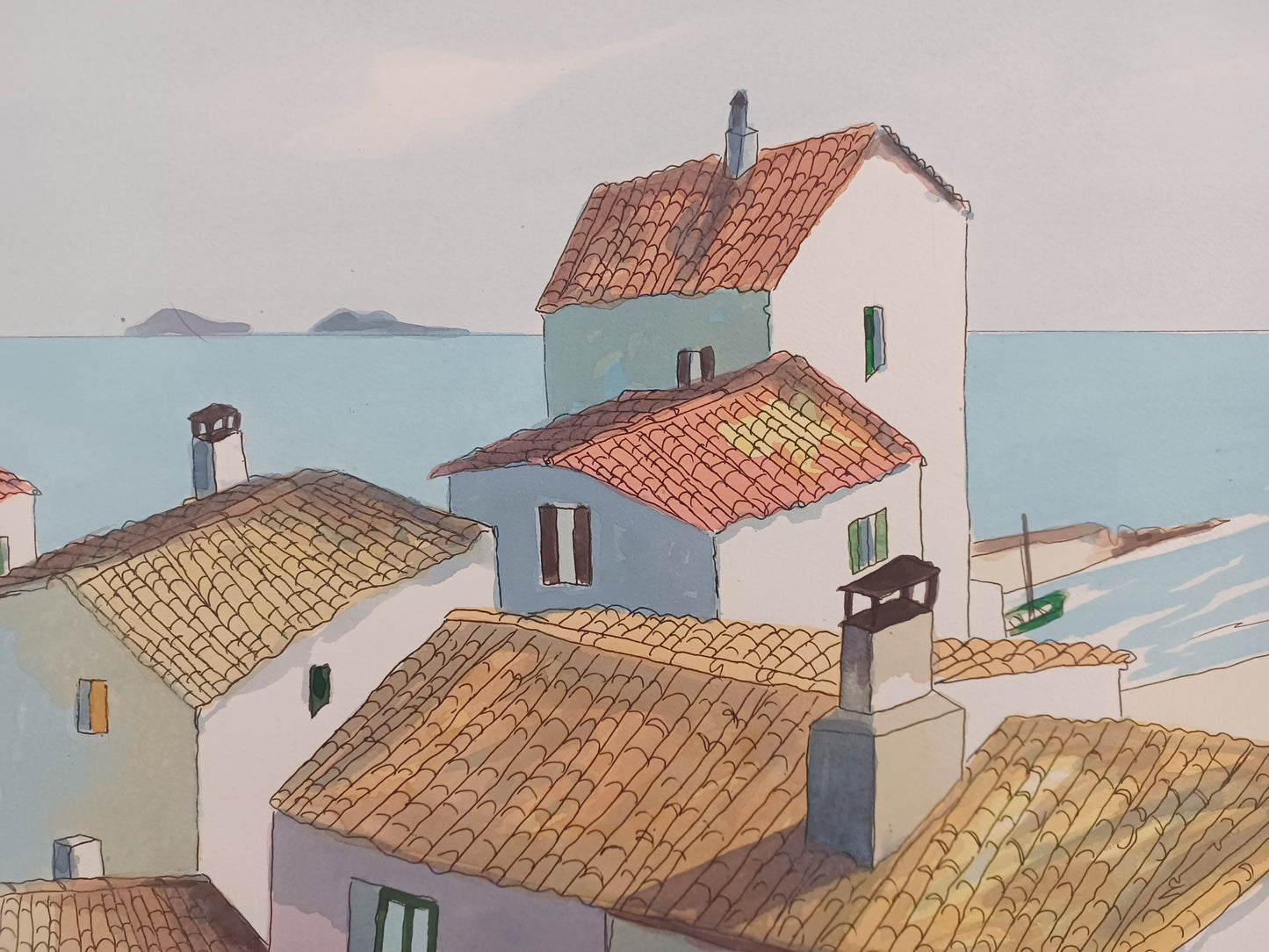 ALDO RISO - Serigrafia acquerellata a mano - Tetti sul mare - 60X80 cm